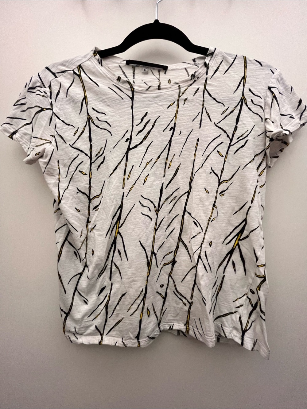 Women’s White Graphic Short Sleeve Tee with Black & Gold Branch Print